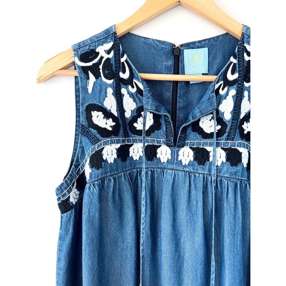 Cece 🌈 Embroidered Chambray Dottie Shift Dress in Caviar Denim - Picture 10 of 16